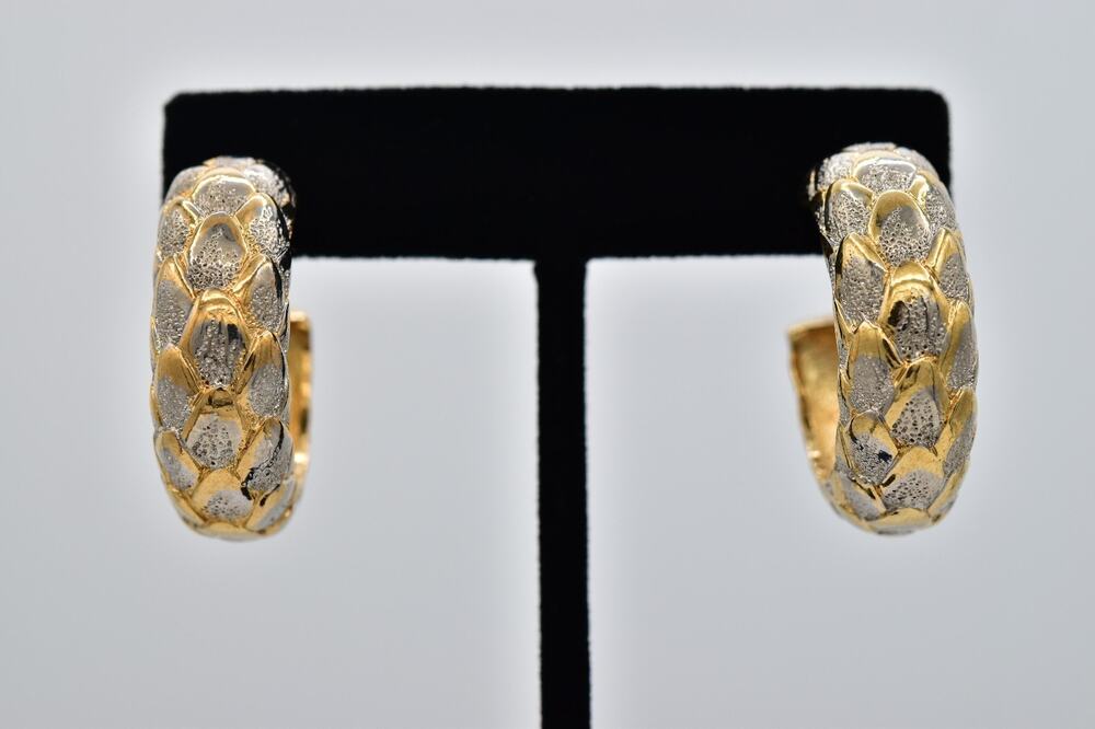 Vintage NOS Two Tone Gold Silver Textured Scale Hoop Earrings Chunky 1980s NS8